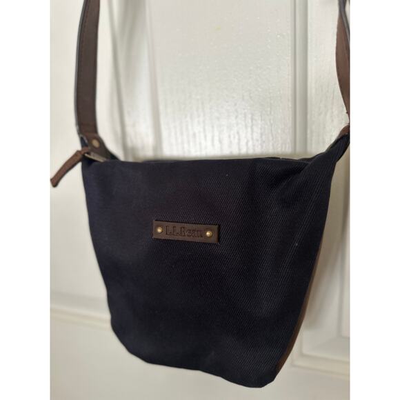 LL Bean Canvas Crossbody Bag Small Blue Brown Canvas Leather Travel Hiking - Picture 5 of 8